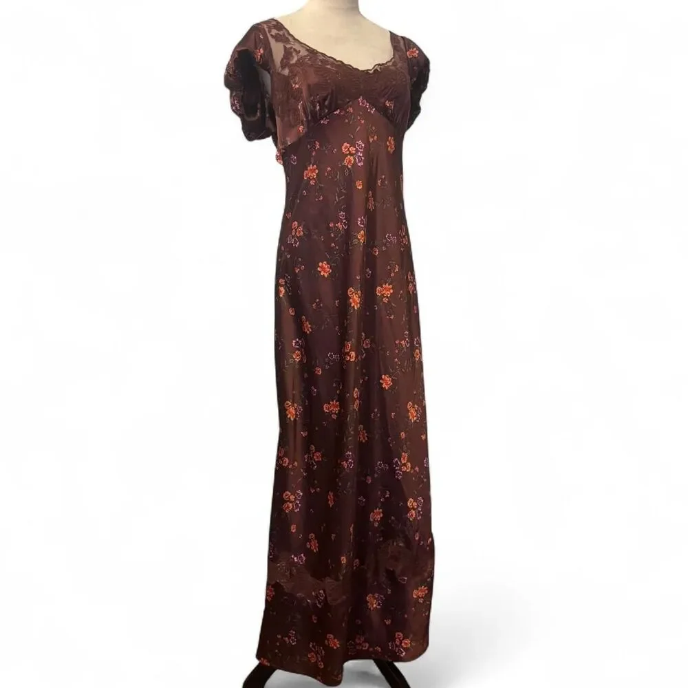 Free People Butterfly Babe Brown Floral Milkmaid Maxi Slip Dress Bias Cut Size L - Picture 4 of 8